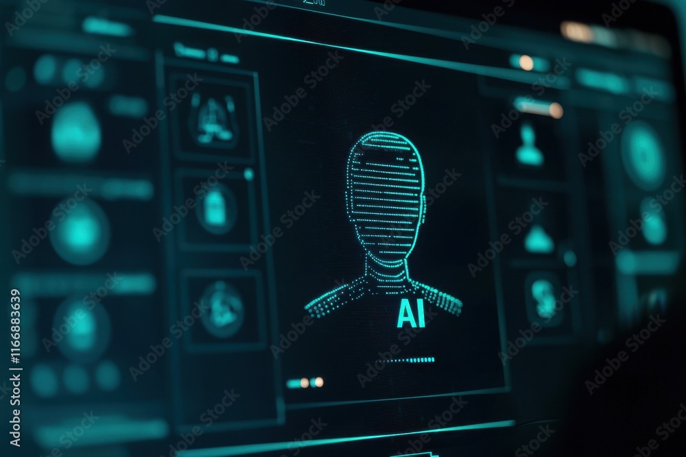 Poster ai facial recognition system interface on digital screen display