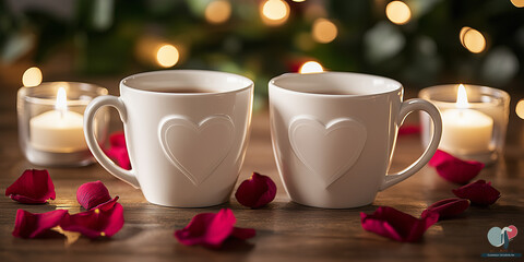 Fototapeta premium Romantic Coffee Table Setting with Heart Shaped Mugs Rose Petals and Candlelight Ambiance