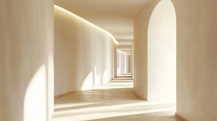Modern office corridor with minimalist design featuring white walls, spacious hallway, and glass-fronted meeting room.


