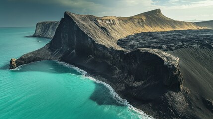 Fototapeta premium Volcanic Cliffs Meet Turquoise Ocean Waters