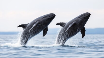 Fototapeta premium Two humpback whales jumping out of the water