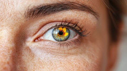  A close up of a woman's eye with a flower in the pupil