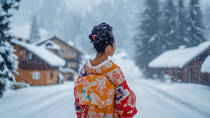冬のバイエルン州に映える着物姿の女性