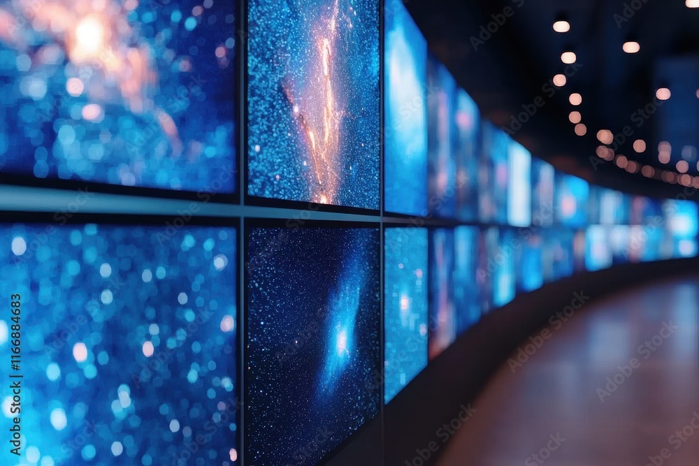 Poster futuristic data visualization blue nebula screens displaying cosmic data on wall