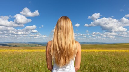 A woman standing in a field of yellow flowers