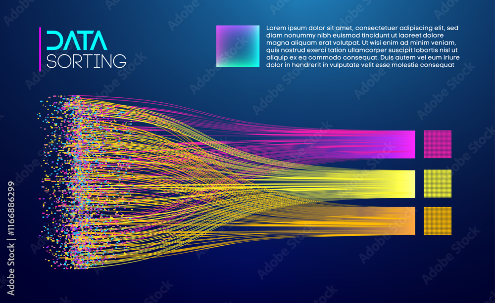 Poster multi colored flowing data streams representing information sorting and processing. . big data blue 