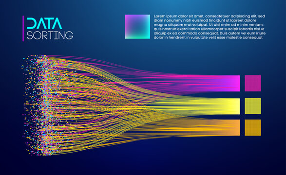 Multi colored flowing data streams representing information sorting and processing. . Big data blue technology background.