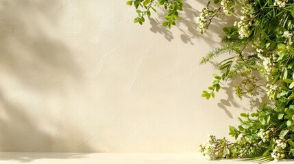 A bunch of green leaves and white flowers on a table