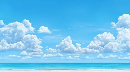 A beach scene with a blue sky and white clouds