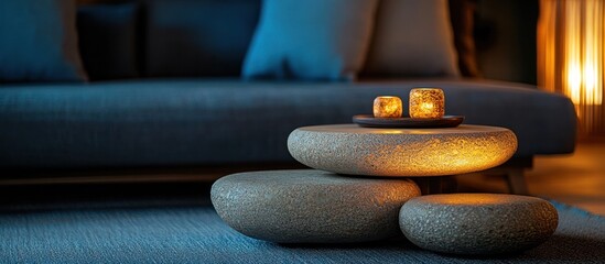 Serene stone meditation arrangement with candles on a cozy living room setup creating a peaceful and tranquil atmosphere for relaxation wellness and mindfulness