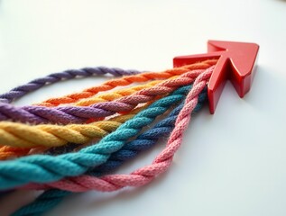 Group Of Colorful Ropes Coming Together To Form A Direction Arrow. Teamwork Concept