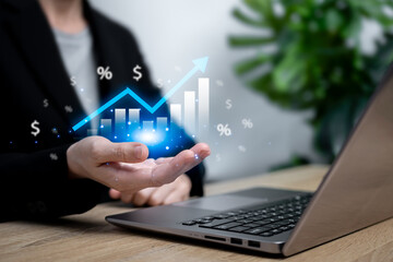 Analysis of graph and market investment target concept, Businesswomen show graph chart finance growth target digital marketing financial, Plan strategy company increase profit to success global
