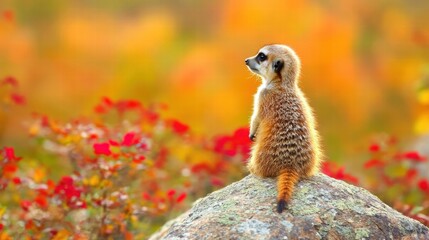 Meerkat on Rock, Autumnal Background