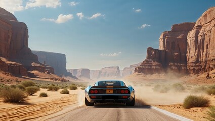 A desert gaming scene with a sleek car speeding through rugged terrain, capturing adventure and thrilling visuals.