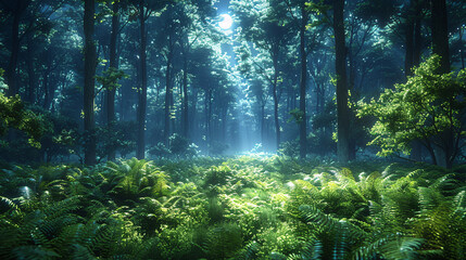 Obraz premium Mystical Forest Path with Sun Rays Streaming Through the Trees, Moody Nature Scene.