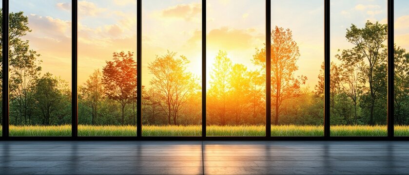 Serene Sunset View Through Large Modern Windows Tranquil Nature Scene