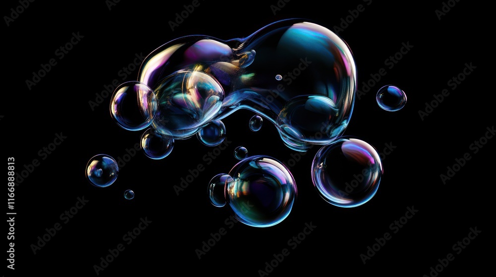 Poster Iridescent Soap Bubbles Floating In Darkness