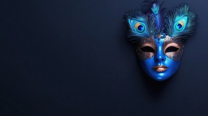 Naklejka premium A vibrant blue masquerade mask adorned with peacock feathers.