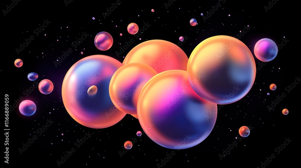 Poster iridescent spheres float in a dark cosmic space