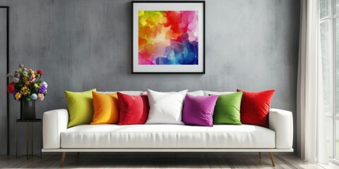 Vibrant Abstract Art Print on Wall Above Modern Sofa
