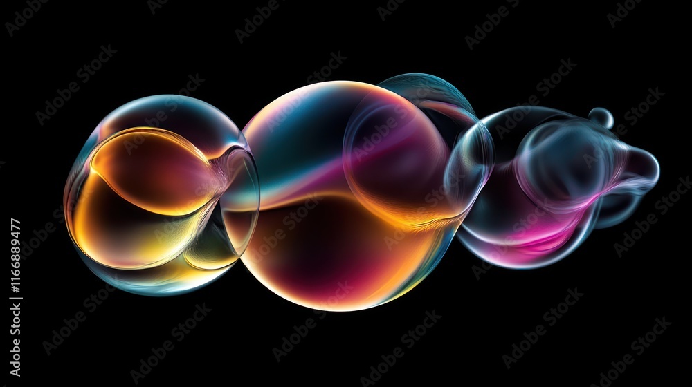 Poster Abstract iridescent bubbles floating in dark space