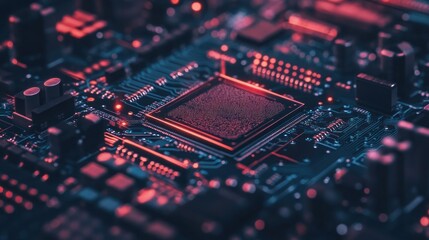 Fototapeta premium Close-up of a computer circuit board with glowing components in red hues.