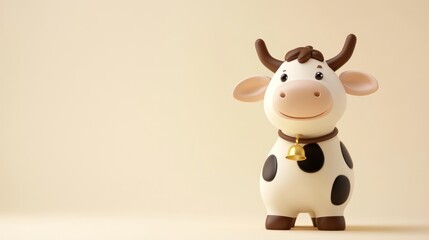 Adorable Cartoon Cow Wearing A Bell Stands Against Beige Background