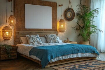 Bohemian Bedroom Interior Design with Wooden Bed and Woven Decor