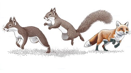 Illustration of three squirrels and a fox