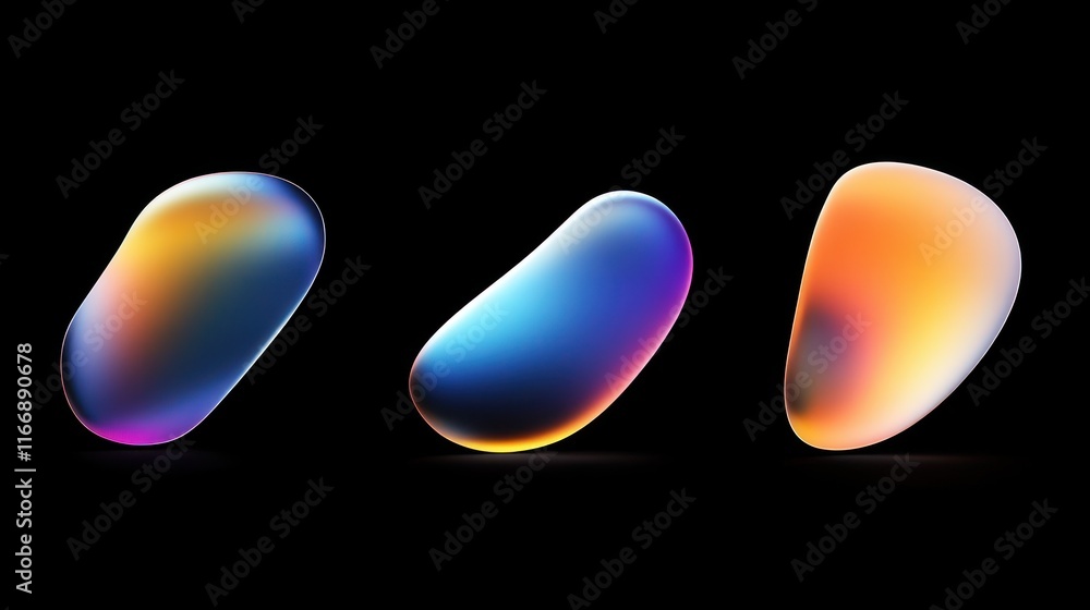 Poster three iridescent abstract shapes against a black background