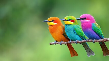 Obraz premium A group of colorful birds sitting on top of a branch