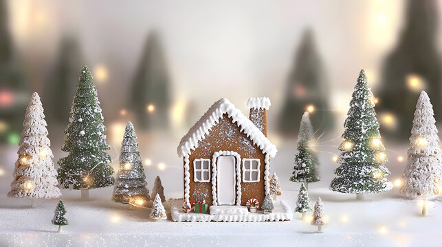 Festive gingerbread house among snowy trees