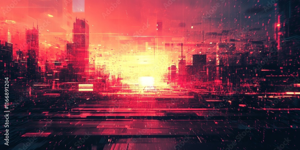Poster glitch patterns ripple into surreal glowing dynamic abstract textures., generative ai