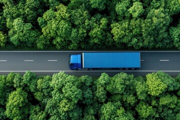 Aerial View of Blue Truck on Forest Road