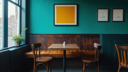 Teal Walls Wooden Booth Small Square Table Vintage Pub Interior Rustic Chairs Cozy Restaurant