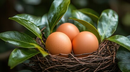 Three Eggs in a Nest Surrounded by Lush Green Leaves
