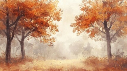 A serene autumn landscape with trees and a misty atmosphere.
