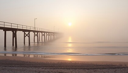 Fototapeta premium A wooden pier stretches far out to sea. Foggy morning. Generative AI
