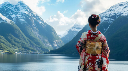 ノルウェーの雪山とフィヨルドに調和する着物姿の女性