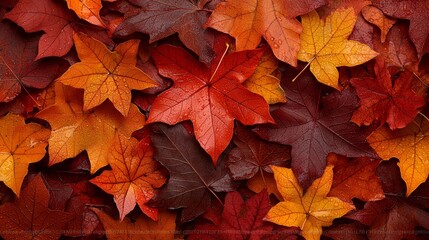Fototapeta premium A pile of red and yellow leaves with water droplets on them