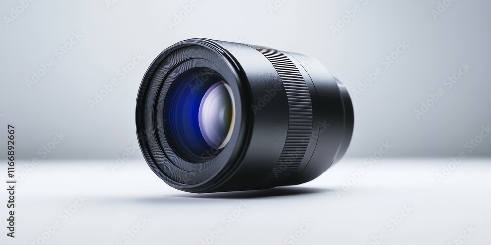 Poster a close-up view of a professional camera lens. its sleek design features a precise glass element. id