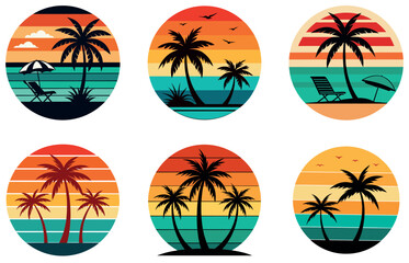 Set of Vintage Tropical Beach Logos with Palm Trees, Sunset Stripes, and Coastal Themes