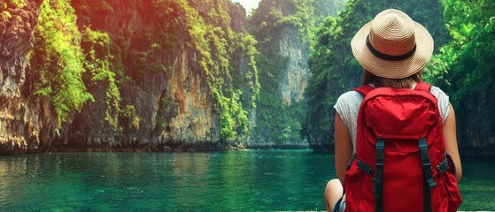 Woman Traveler with Backpack Admiring Scenic Lagoon and Lush Green Cliffs