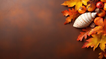 Fototapeta premium A bunch of autumn leaves and pumpkins on a brown background