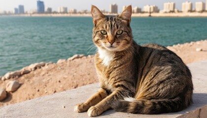 Serene Tabby Cat by the Sea