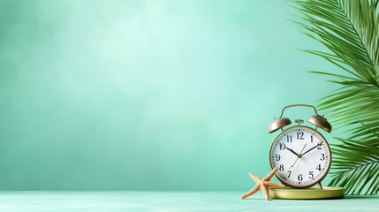 An alarm clock sitting on top of a table next to a palm tree