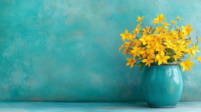 A blue vase filled with yellow flowers on a blue table