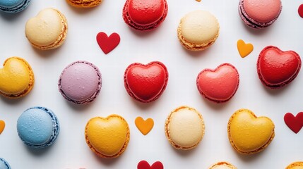 Colorful Heart-Shaped Macarons and Small Hearts on White Background