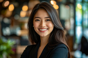 Obraz premium A woman in a black blazer smiles at the camera