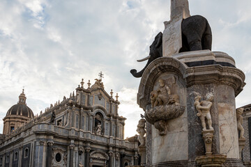 Historic Elephant Fountain and Cathedral in Catania, Sicily - italy
